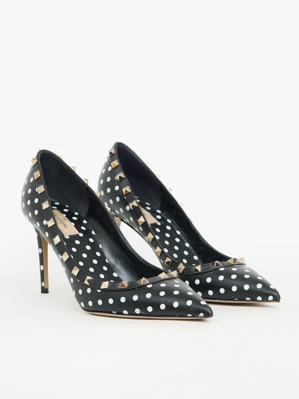 Valentino Rockstud Studded Polkadot Pointed Toe Black Leather Pump Heels